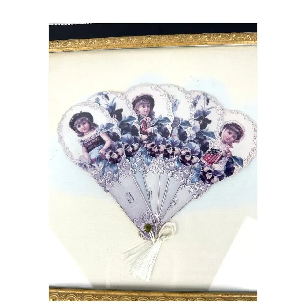 Gold Framed Victorian Girls Paper Fan Greeting Card by Old Print Factory Reprod.